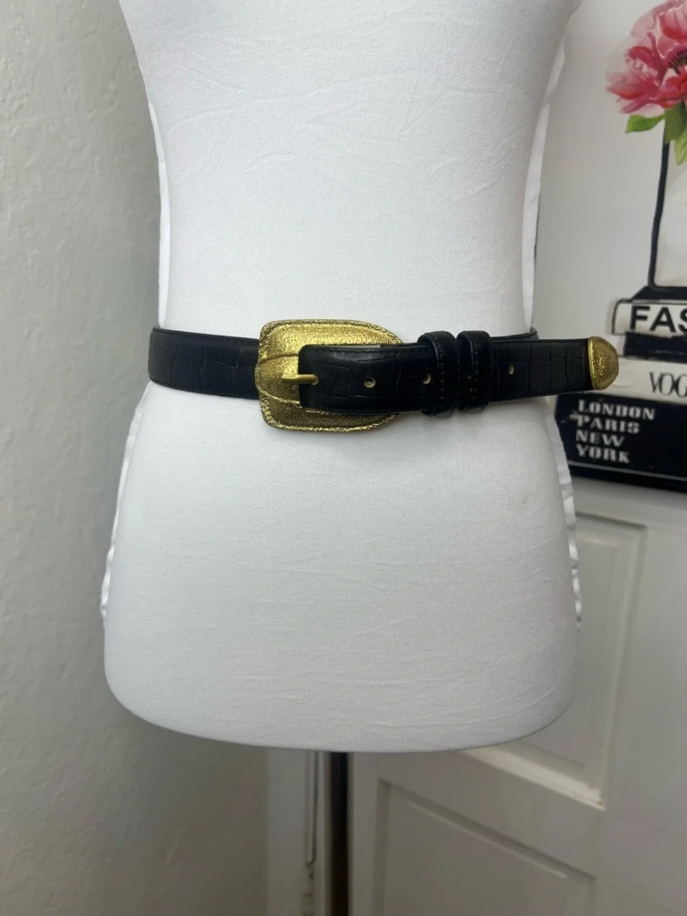 Cebine Vintage Black Embossed Leather Belt Size RTM